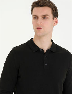 Siyah Slim Fit Polo Yaka Basic Triko Kazak