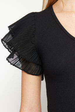 Siyah Kollar? Tul Detayl? Fitted/Vucuda Oturan V yaka Esnek Orme Bluz TWOSS24BZ00029 - Trendyolmilla фото 4