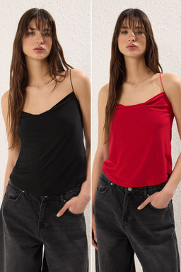 Siyah-K?rm?z? 2li Paket Ask?l? Regular Kal?p Orme Bluz TWOSS25BZ00437 - Trendyolmilla фото 2