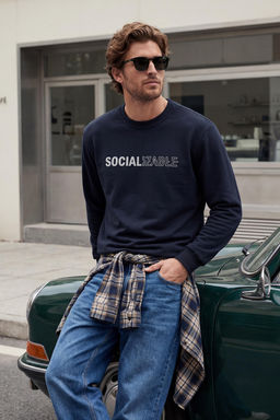 TRENDYOL MAN Lacivert Oversize/Genis Kesim Slogan Bask?l? Ici Polarl?/S?cak Tutan Sweatshirt TMNAW23SW00478 - Trendyolmilla фото 11