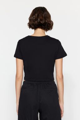 Siyah-Beyaz 2li Paket %100 Pamuk Crop Bisiklet Yaka Orme T-Shirt TWOSS20TS1480