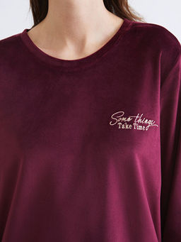 Bisiklet Yaka Nak??l? Kadife Kad?n Pijama Tak?m?