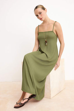 Haki Ayarlanabilir Ask?l? A-Line Burumcuk/Dokulu Orme Maxi Elbise TWOSS24EL00060