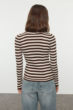 Kahverengi Polo Yaka Basic Cizgili Fitted/Vucudu Saran Triko Kazak TWOAW25KZ00349 - Trendyolmilla фото 5