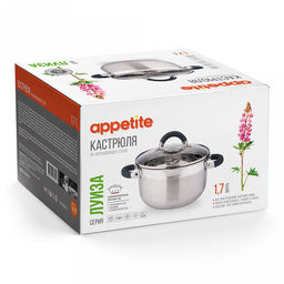 Кастрюля из нержавеющей стали "Луиза" 1,7л, д13,5см, h9,8см, s0,5мм, дно s2,9мм, стеклянная крышка, просиликоненные ручки, подарочная коробка, "Appetite" (Китай)