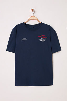 Lacivert Oversize/Geni_ Kesim _i_ek Nak__l_ %100 Pamuk T-Shirt TMNSS25TS00111 - Trendyolmilla фото 2