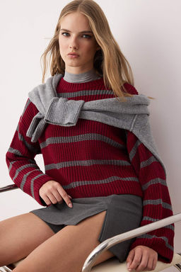 Bordo Crop Basic Genis Kal?p Cizgili Triko Kazak TWOAW23KZ00390