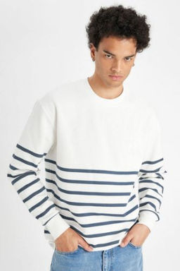 Comfort Regular Fit Rahat Kal?p Bisiklet Yaka Cizgili Kal?n Sweatshirt