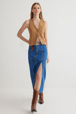 TRENDYOLMILLA Mavi Y?rtmacl? Dikis Detayl? Midi Denim Etek TWOSS25ET00001  фото 3