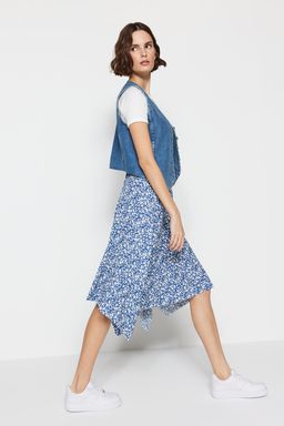 Indigo Desenli Volanl? Asimetrik Yuksek Bel Midi Esnek Orme Etek TWOAW20ET0440