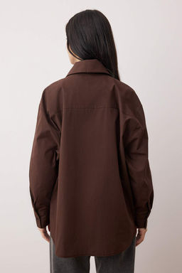 Koyu Kahverengi Pamuklu Yaka Fiyonk Baglamal? Genis Kal?p Poplin Gomlek TWOAW26GO00123 - Trendyolmilla фото 4