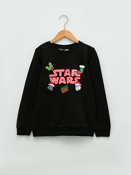 Bisiklet Yaka Star Wars Bask?l? Y?lba?? Temal? Uzun Kollu Erkek ?ocuk Sweatshirt