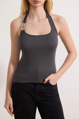 Antrasit Fitted/Vucuda Oturan Boyundan Baglamal? Aksesuar Detayl? Yumusak Orme Bluz TWOSS26BZ00075