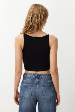 Siyah Ask?l? Fitted/Vucuda Oturan Esnek Orme Bluz TWOSS24BZ00535