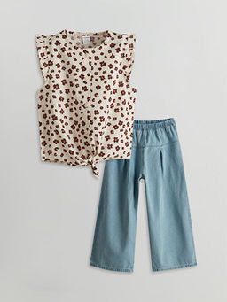 ?i?ekli K?z ?ocuk G?mlek ve Pantolon 2li