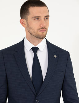 Ekose Lacivert Slim Fit Tak_m Elbise