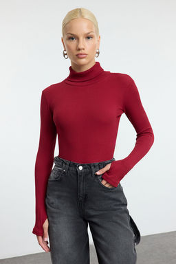Bordo Fitted/Vucuda Oturan Bal?kc? Yaka Parmak Detayl? Fitilli Esnek Orme Bluz TWOAW21BZ0071