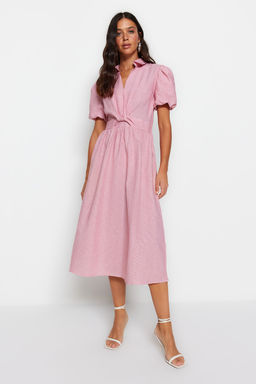 Pembe Cizgili Kruvaze Yaka Midi Dokuma Elbise TWOSS23EL02233