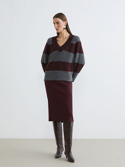 V Yaka ?izgili Oversize Kad?n Triko Kazak