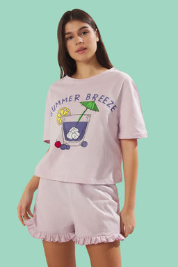 Trendyolmilla Lila %100 Pamuklu Yaz Temal? F?rf?rl? Sortlu Orme Pijama Tak?m? THMSS25PT00147  фото 2