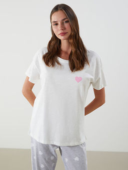 Bisiklet Yaka Kalp Bask?l? Kad?n Pijama Tak?m?