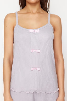 Trendyolmilla Ac?k Pembe Kurdele/Fiyonk Detayl? Ip Ask?l? Fitilli Sortlu Orme Pijama Tak?m? THMSS24PT00356  фото 12