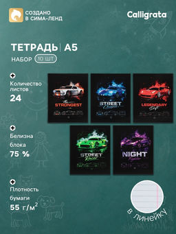 Тетрадь 10 штук, 24 листа в линейку «Гоночные авто», серые листы, блок №2, 5 видов