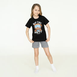 Пижама детская черная клетка спящий мишка