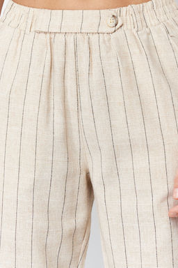 Bej Cizgili Beli Lastikli Cepli Straight/Duz Kesim Pamuk Keten Dokuma Pantolon TWOSS24PL00055