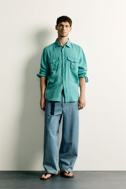 CAMISA RELAXED FIT 100% LINO / Turquesa