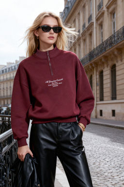 TRENDYOLMILLA Bordo Kal?n Ici Polarl? Fermuarl? Dik Yaka Oversize/Genis Kal?p Orme Sweatshirt TWOAW24SW00127  фото 9