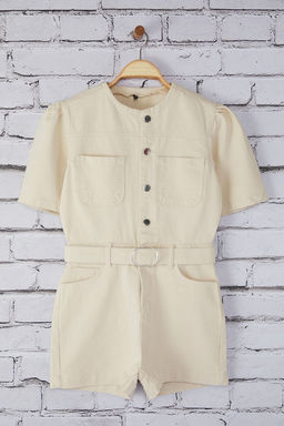 TRENDYOLMILLA Ekru Kemer Tokal? Balon Kol Mini Denim Sort Tulum TWOSS25TU00024  фото 5