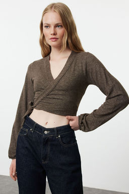 Trendyolmilla Kahverengi Yumos Baglama Detayl? Uzun Kollu Orme Bluz TWOAW25BZ00020  фото 9