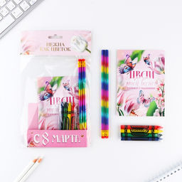 Подарочный набор, блокнот А6, карандаши (2 шт.) и восковые мелки (4 шт.) Цвети этой весной