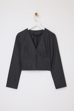 Antrasit Dugme Detayl? V Yaka Dokuma Bluz TWOSS26BZ00086 - Trendyolmilla фото 5