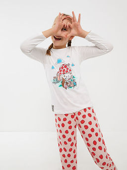 Bisiklet Yaka Bask?l? Uzun Kollu K?z ?ocuk Pijama Tak?m?