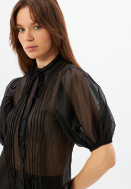 Блузка из органзы с бархатной завязкой и защипами OD-951-3 черный - Tantino фото 6