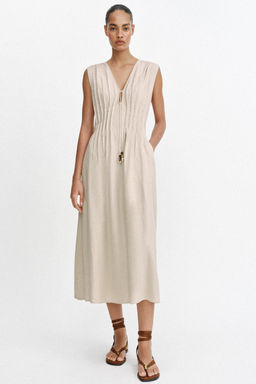 VESTIDO MIDI JARETAS CON LINO / Beige claro