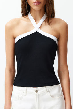 Siyah Renk Bloklu Boyundan Baglamal? Fitilli Esnek Orme Bluz TWOSS24BZ00162