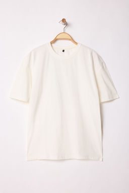 Ekru Oversize/Genis Kesim S?rt Hayvan Bask?l? %100 Pamuk T-Shirt TMNSS25TS00117