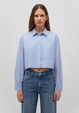 Cizgili Mavi Crop Poplin Gomlek