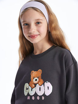 Bisiklet Yaka Bask?l? Uzun Kollu K?z ?ocuk Sweatshirt