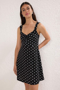 Bordo Ask?l? Puantiye Bask?l? Etegi F?rf?rl? Fitilli Esnek Mini Orme Elbise TWOSS25EL00379 - Trendyolmilla фото 7