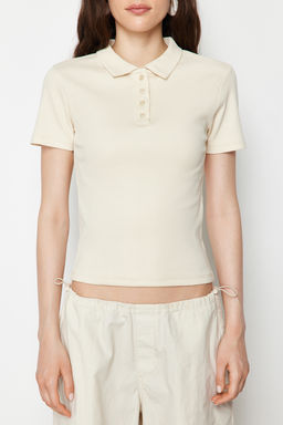 Trendyolmilla Siyah Polo Yaka Dugmeli K?sa Kol Esnek Fitilli Orme Bluz TWOSS24BZ00111  фото 13