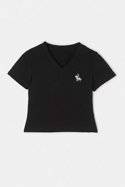 Siyah Nak__l_ / __lemeli Fitted V Yaka K_sa Crop Yumu_ak _rme T-Shirt TWOSS26TS00363 - Trendyolmilla фото 3