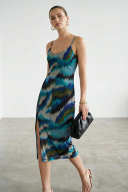 TRENDYOLMILLA Lacivert Soyut Midi Tul Fitted/Vucuda Oturan Esnek Orme Elbise TWOSS25EL00242  фото 13