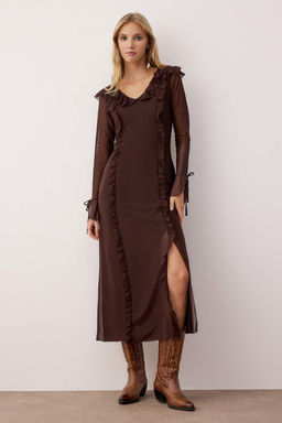 Kahverengi Duz F?rf?rl? Maxi Orme Elbise TWOAW26EL00060