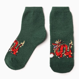 Носки женские махровые «Дракон с яйцом», тёмно-зелёные, размер 36-40