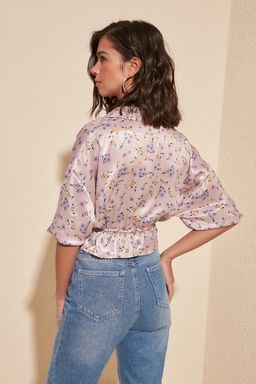 Trendyolmilla Pudra Crop Saten Dugmeli Cicek Desenli Dokuma Bluz TWOSS20BZ0517  фото 4