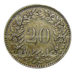 Монета 20 раппенов 1943 года Швейцария